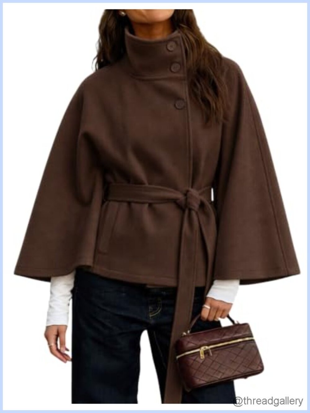 Wool Blend Batwing Sleeve Poncho Pea Coat Belted Cropped Overcoat